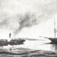 HEKLA (til højre i billedet) efter træfningen med den Slesvig-Holstenske kanonbåd VON DER TANN (Foto efter maleri af C. Bille, 1851)