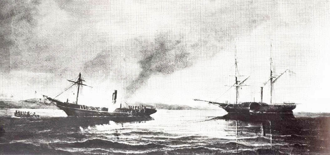 HEKLA (til højre i billedet) efter træfningen med den Slesvig-Holstenske kanonbåd VON DER TANN (Foto efter maleri af C. Bille, 1851)