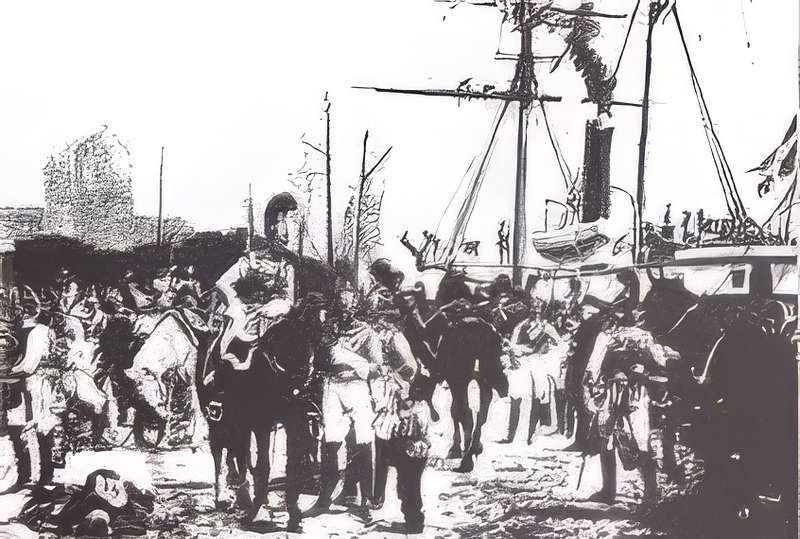Billedet viser hvordan Hestegarden indskibes i Korsør 1848. Til højre i billedet ses hjuldampskibet SKIRNER. (Foto: Maleri af Otto Bach, Illustreret Tidende 1888/89)