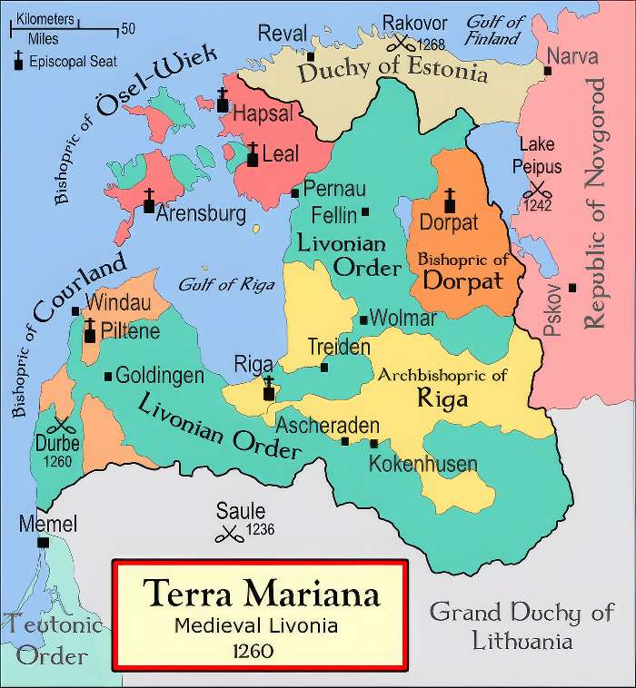 Sværdbrødreordenens (Livonian Order) nederlag ved Saule i 1236 åbnede op for Tyske ordens (Teutonic Order) ekspansion mod nord. I 1343 kontrollerede ordenen alle områder syd for det danske område, Hertugdømmet Estland, i det nordligste Estland (Wikipedia).