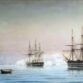 17. marts 1864 forsøgte den preussiske flåde at bryde den danske flådeblokade. Forsøget mislykkedes. Midt i billedet ses fregatten SJÆLLAND efterfulgt af linieskibet SKJOLD. (Foto fra Orlogsmuseets arkiv)