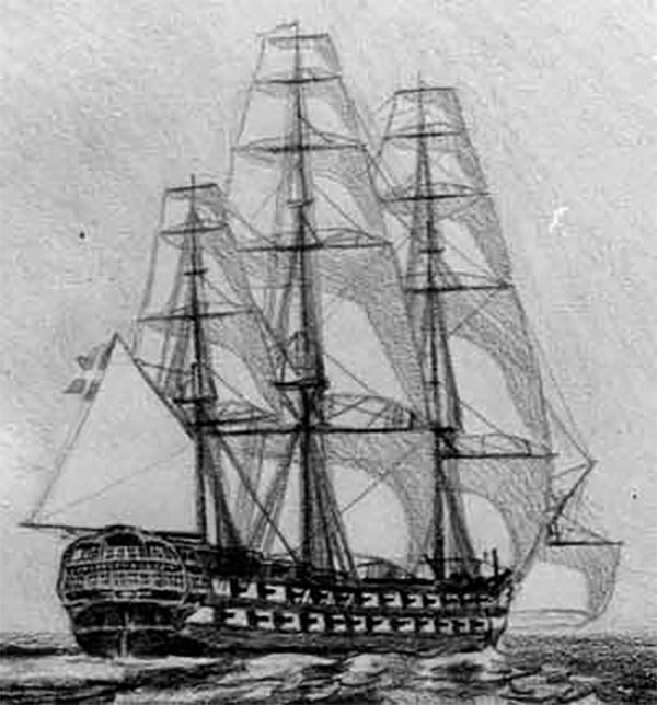 Linjeskib HMS ASSAU
(ex. danske HOLSTEEN).
(Tegning fra Orlogsmuseets arkiv)