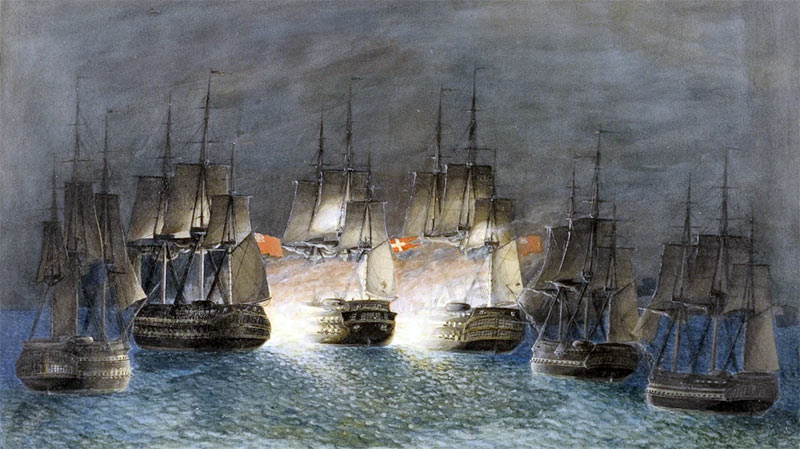Linjeskib PRINDS CHRISTIAN FREDERIK (i midten) i den afsluttende kamp. Til højre i billedet er THE STATELY, og til venstre NASSAU med fregatten QUEBECK agten for. Til højre skimtes forstavnen af en af de øvrige fregatter. (Billede fra Orlogsmuseets arkiv)